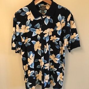 Van Heusen Floral Print Mens Short Sleeve Navy Blue Polo Shirt - Size Large